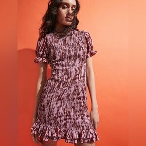 WAREHOUSE Printed Shirred Mini Dress, Size 6